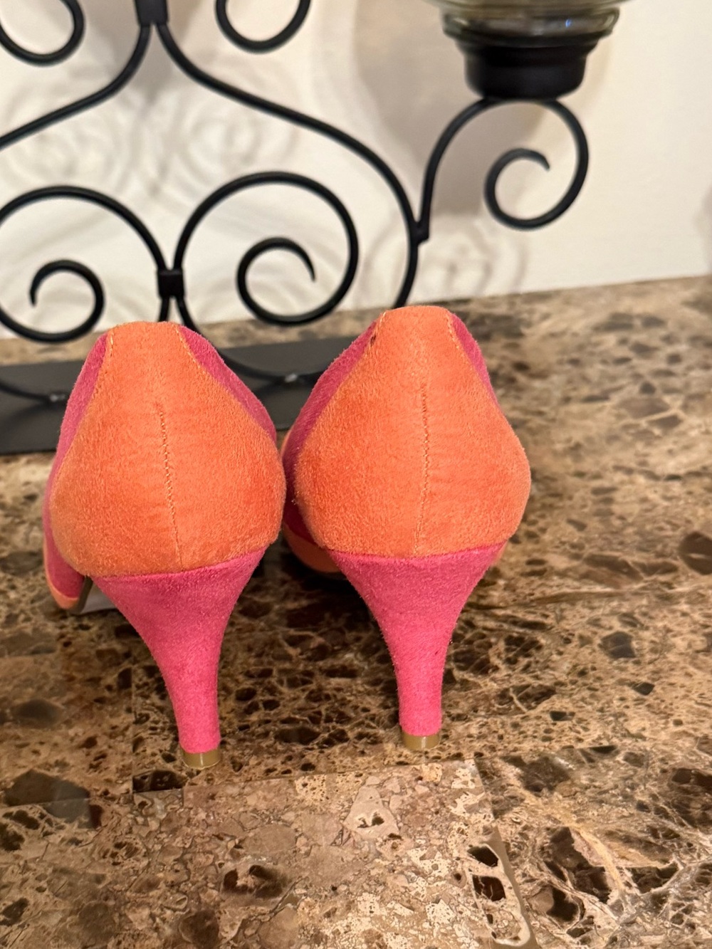 Fashion Bug Orange and Pink Suede Pointed-Toe Heels